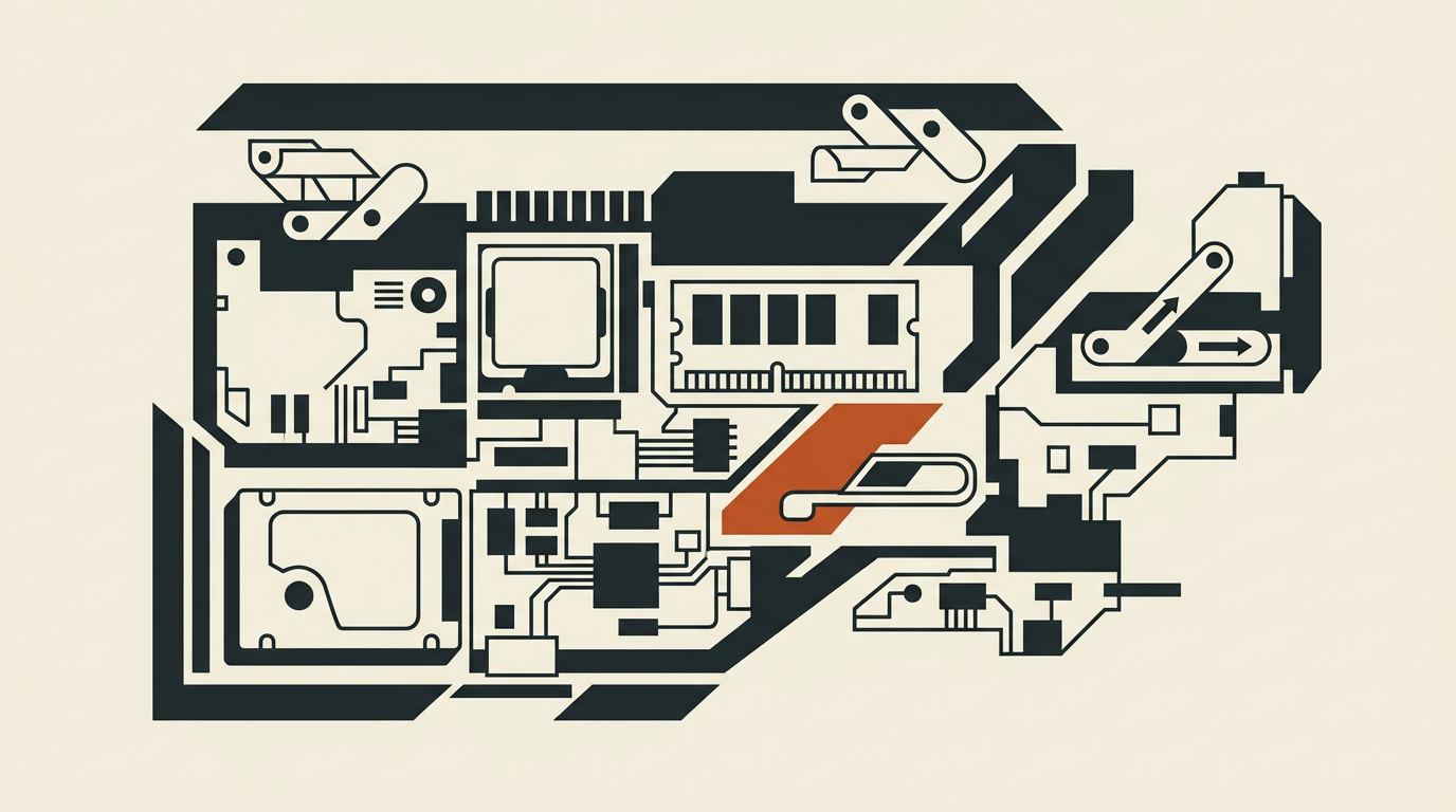 Abstract vector artwork showing modular hardware components on a textured off-white background with charcoal and burnt-orange accents.