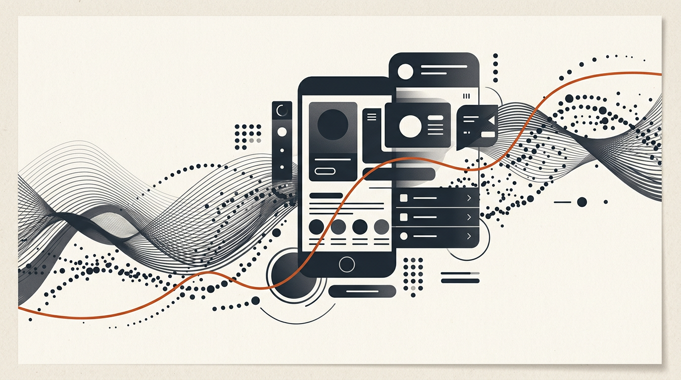 Abstract illustration depicting geometric shapes and motion cues on a neutral background.