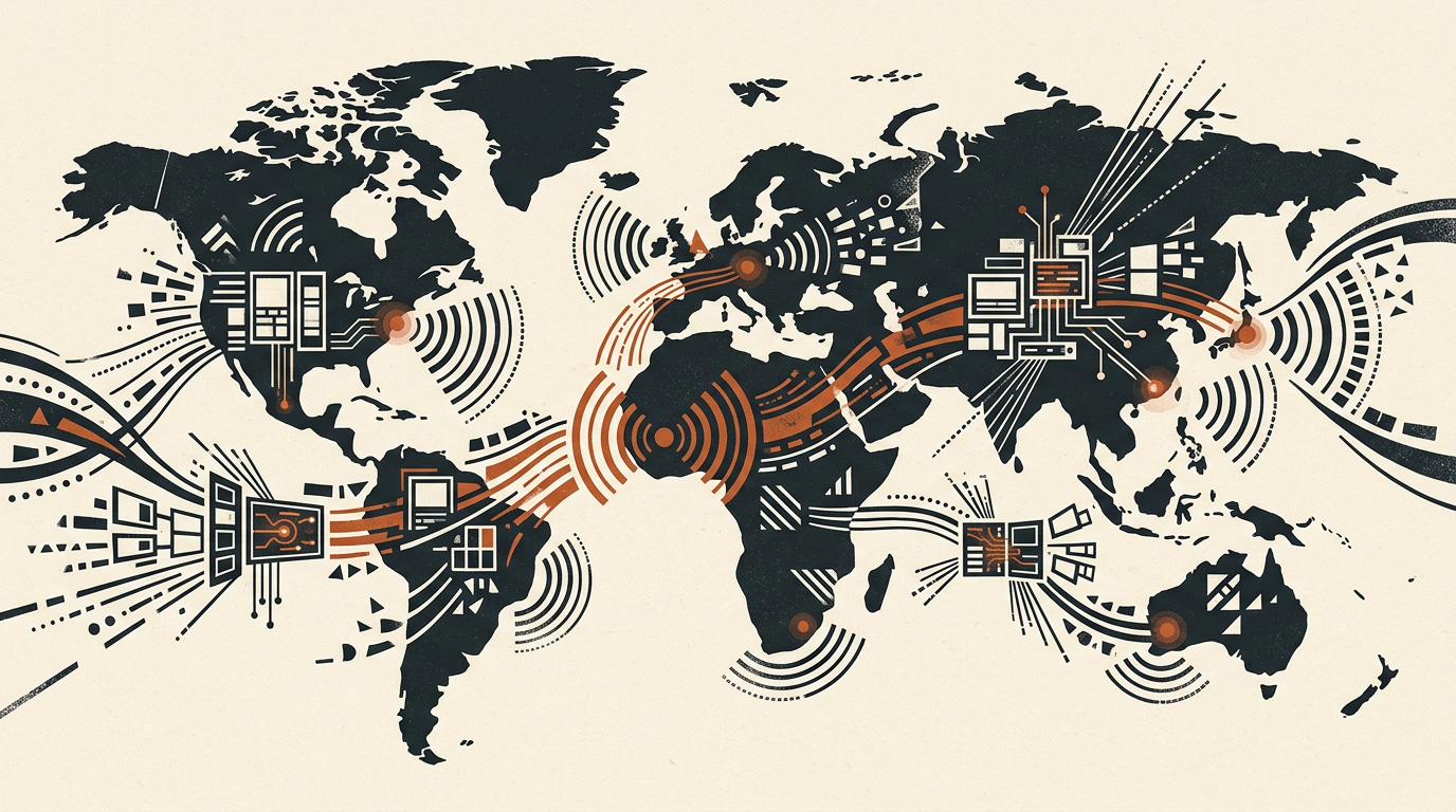 Abstract illustration of global streaming waves flowing across stylized displays on an off-white background