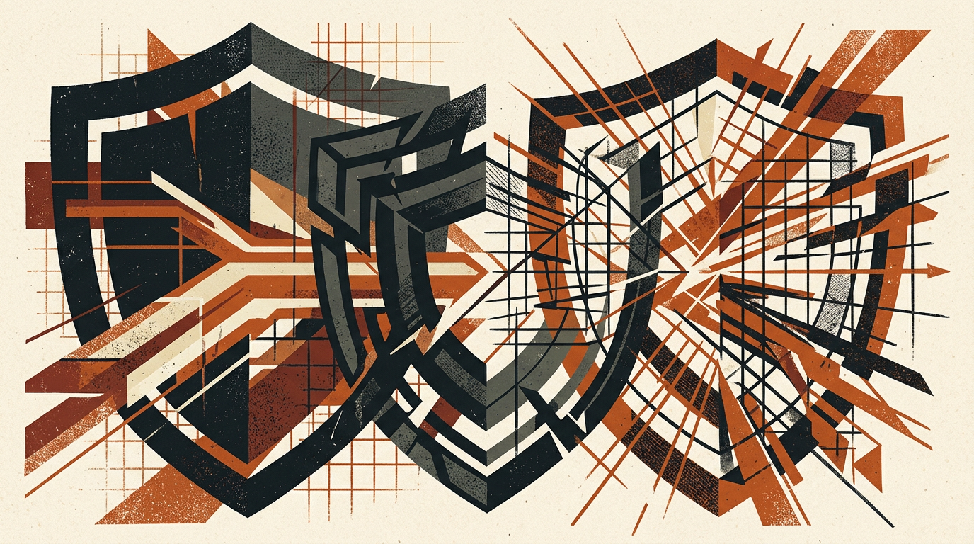 Abstract geometric illustration with shield shapes on a textured grid background