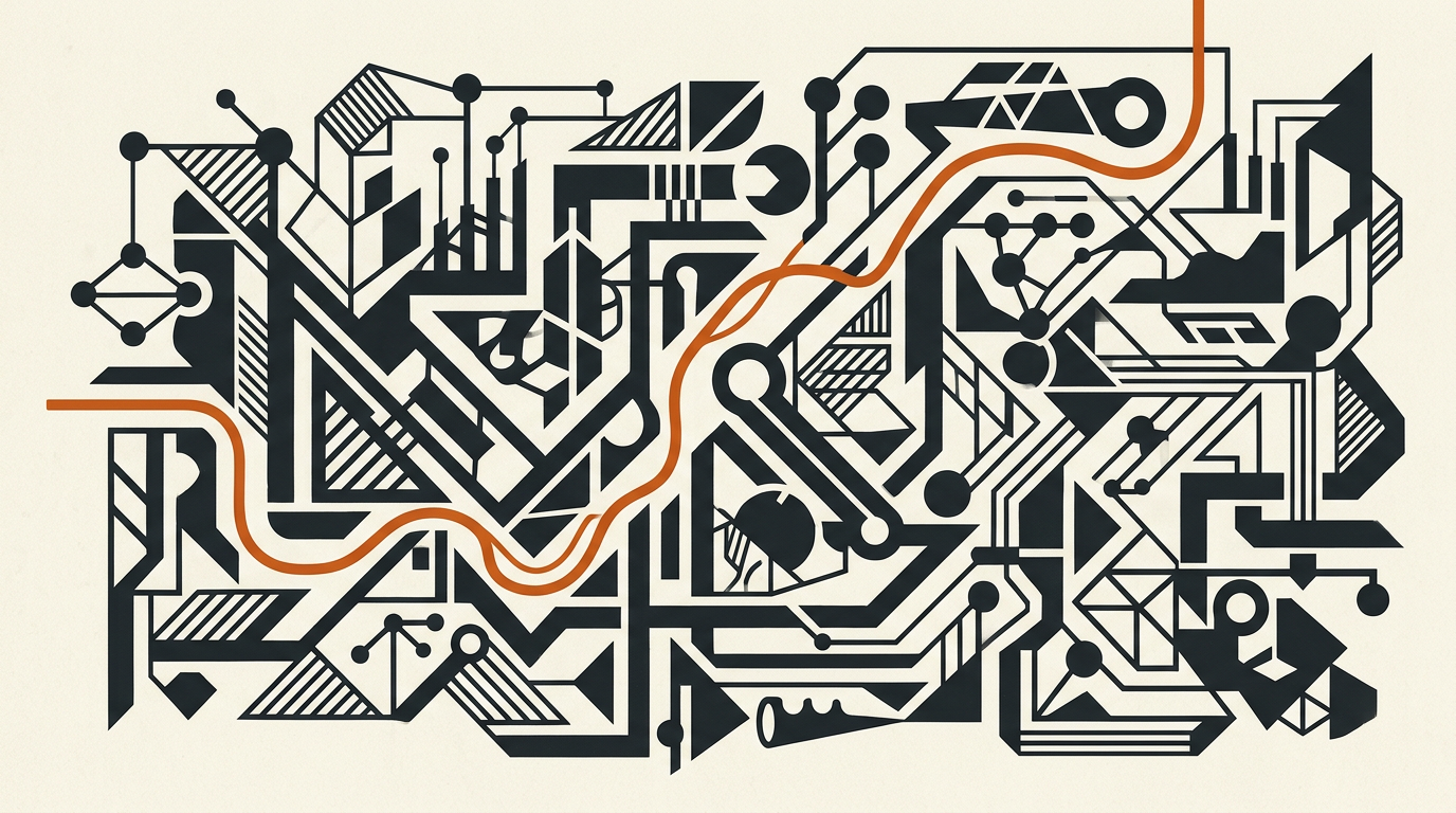 Abstract geometric artwork depicting nodes and interconnected lines in charcoal and burnt orange on an off-white background