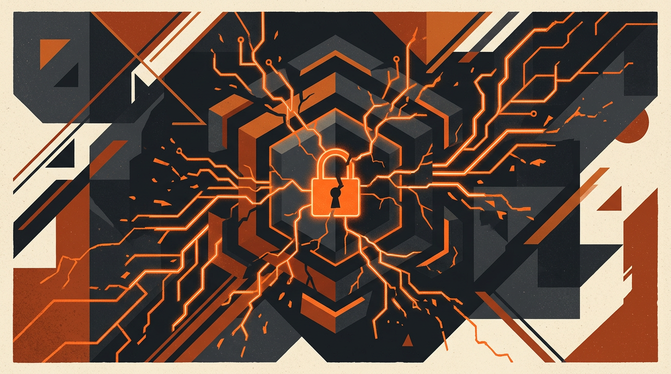 Abstract illustration of broken glowing orange circuit lines around a dark charcoal geometric shape on a light background