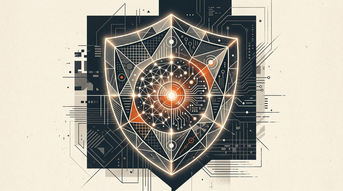 Abstract vector illustration of a geometric shield protecting a central core on a textured off-white background.