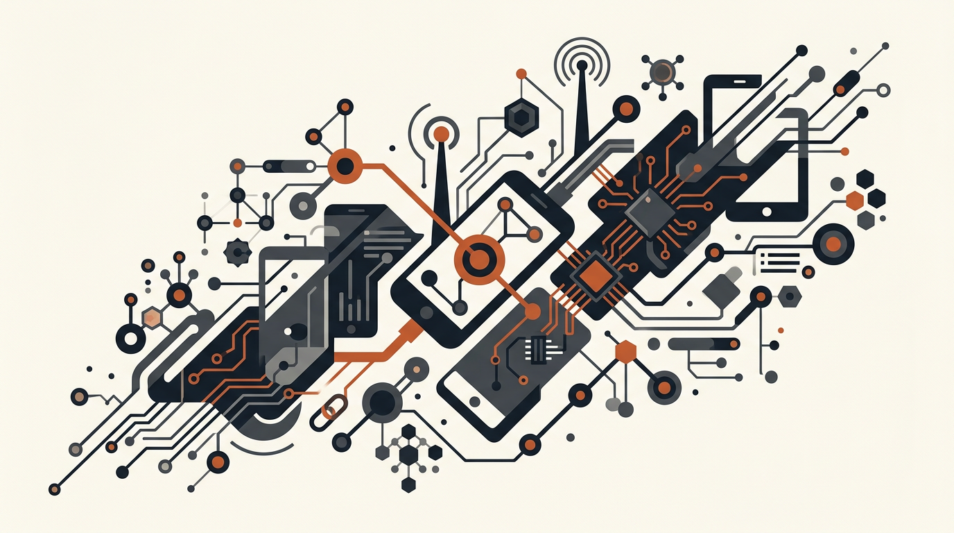 Abstract vector art depicting technological connectivity with charcoal shapes and a burnt orange accent on an off-white background.