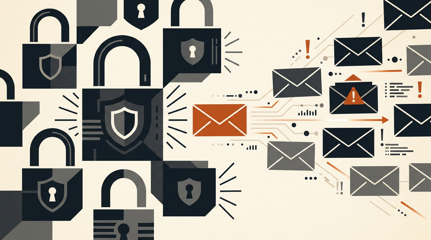 Abstract illustration of digital lock symbols and alert notifications in charcoal and burnt orange.