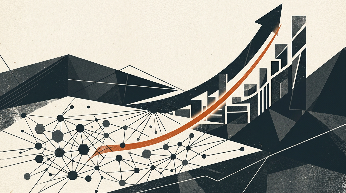 Abstract geometric vector illustration showing ascending charcoal shapes and a burnt-orange line on a warm off-white background.