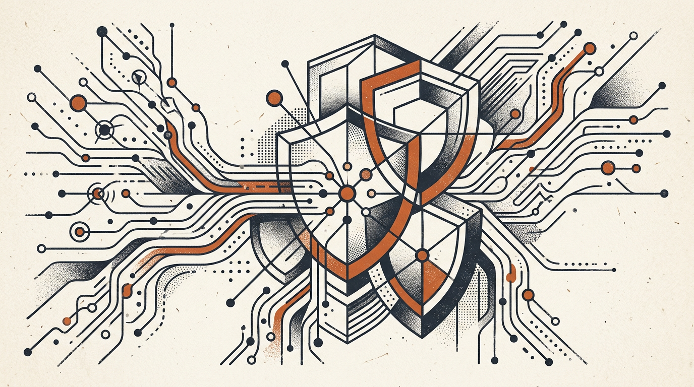 Abstract vector artwork featuring geometric shields and interconnected nodes in charcoal and burnt orange on an off-white background.