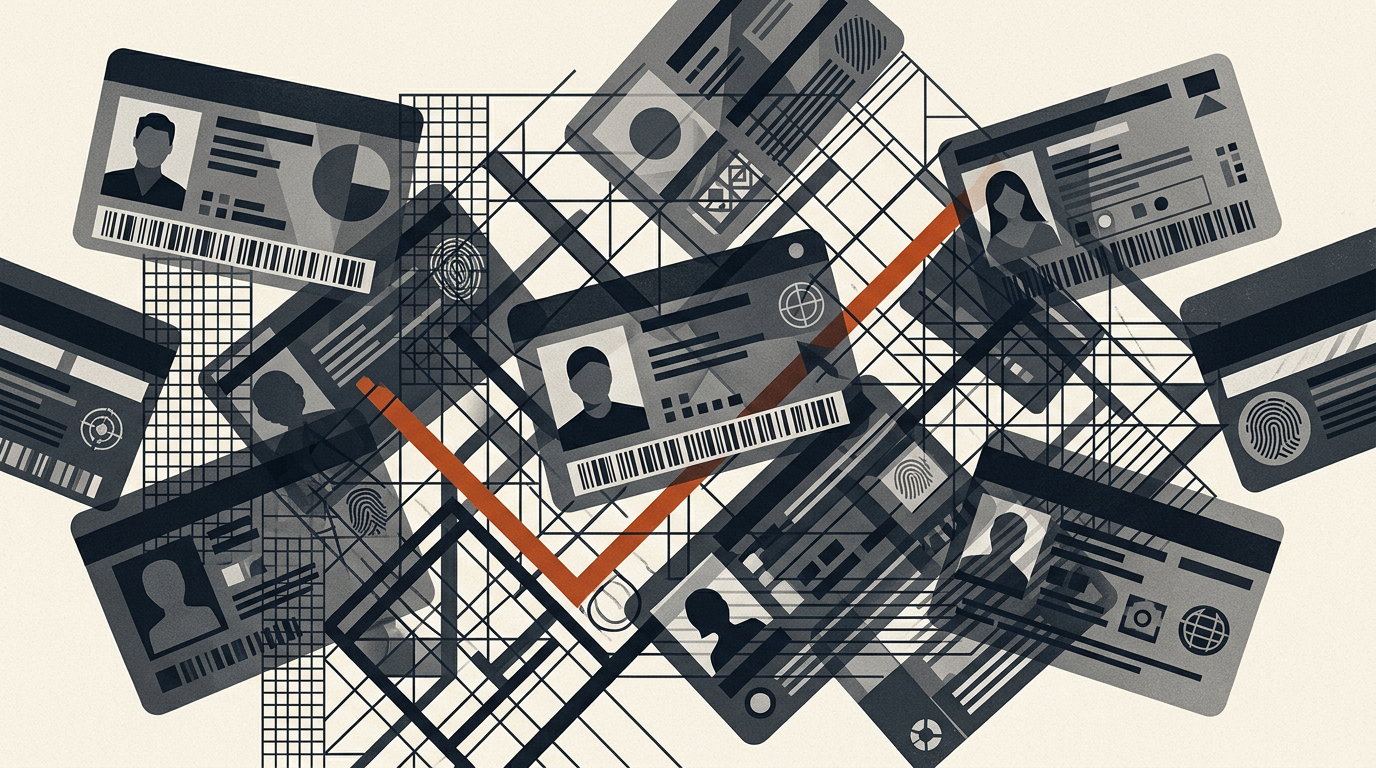 Abstract illustration featuring overlapping translucent cards and geometric patterns in charcoal and burnt orange.