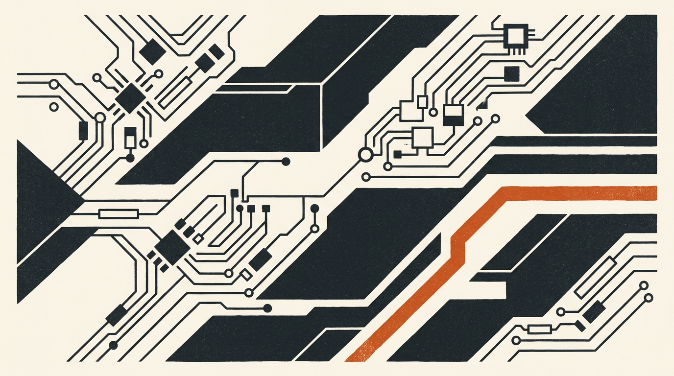 Abstract vector illustration of microchip circuits and geometric shapes in charcoal and burnt orange.