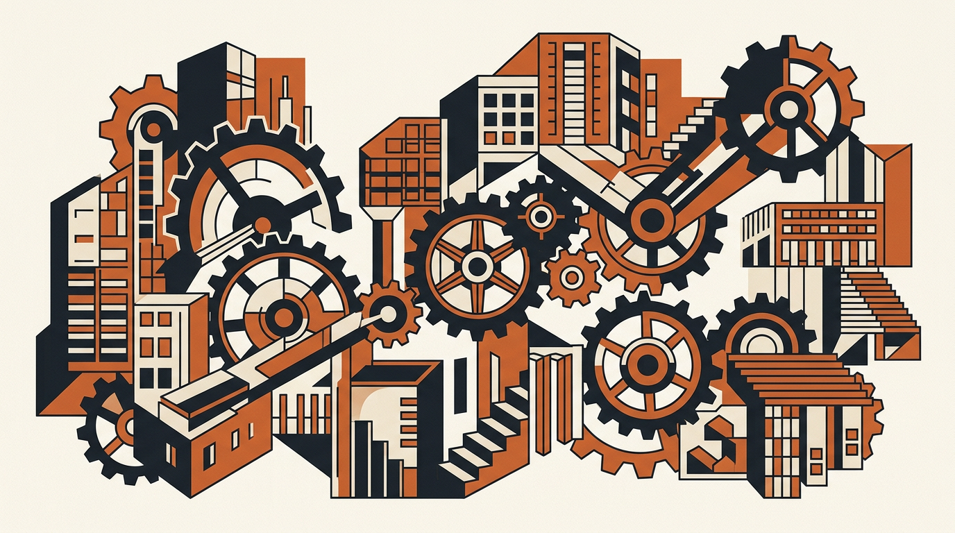 Abstract geometric shapes and gears in dark charcoal and burnt orange on a warm off-white background.