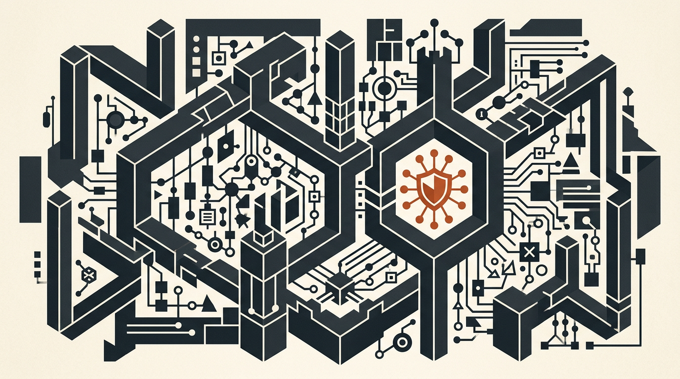 Abstract geometric illustration with charcoal blocks and a burnt orange accent on an off-white background