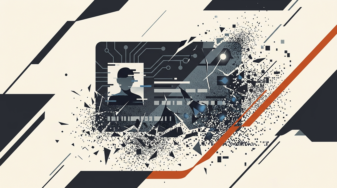 Abstract illustration of a digital identification document dissolving into dark charcoal shapes with burnt orange accents.