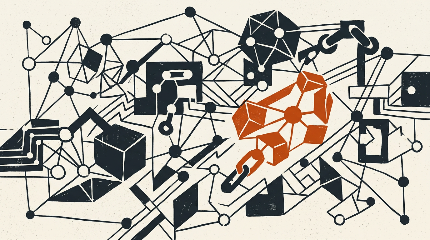 Abstract geometric vector illustration depicting digital workforce networks in charcoal and burnt orange.