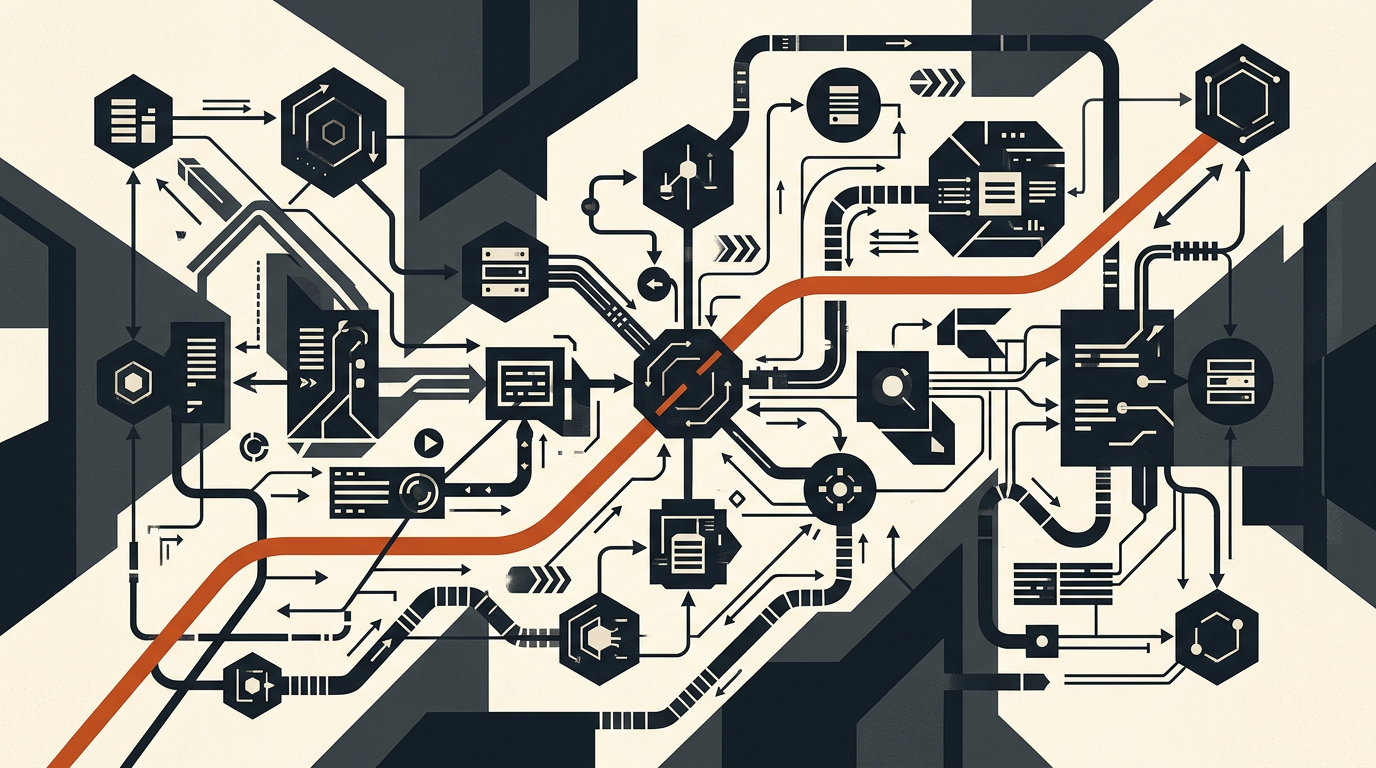 Abstract vector illustration of connected network nodes in charcoal and burnt orange on an off-white background.