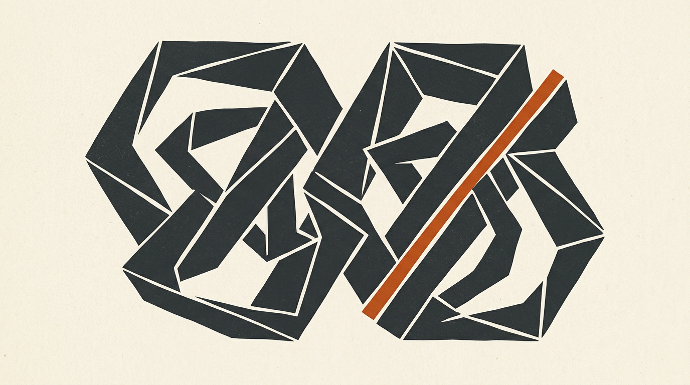 Abstract geometric illustration showing two dark shapes joining with an orange accent on an off-white background.