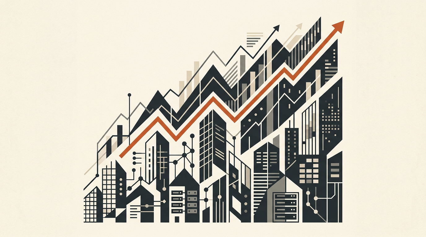 Abstract vector illustration of geometric building structures and ascending financial lines.