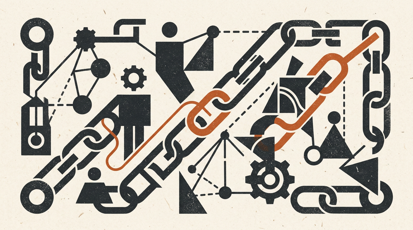 Abstract geometric graphic featuring charcoal shapes and a burnt-orange accent on an off-white background.