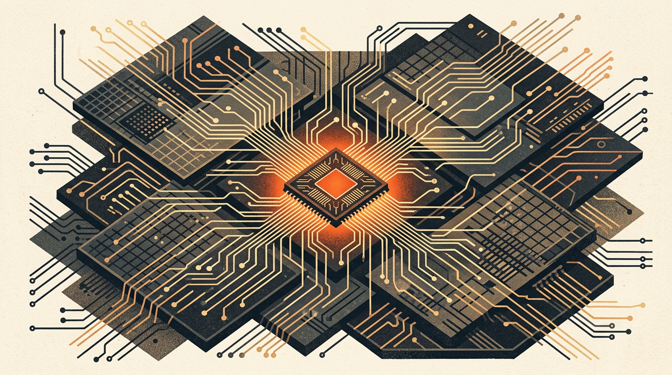 Abstract illustration of textured computer hardware layers in charcoal and burnt orange on a light background.