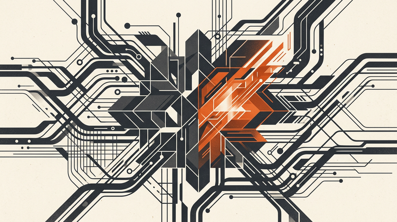 Abstract vector artwork with charcoal geometric lines and a burnt-orange accent on a warm off-white background.