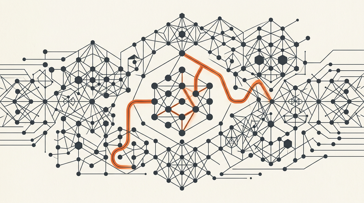 Abstract vector illustration of connected charcoal nodes and a burnt-orange line on an off-white background.