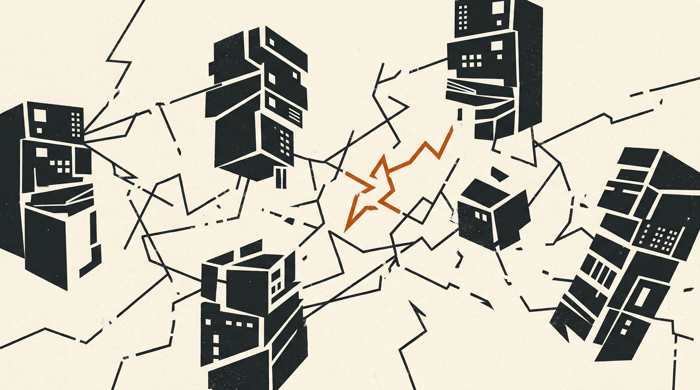 Abstract illustration of broken digital networks in charcoal and burnt-orange on an off-white background.