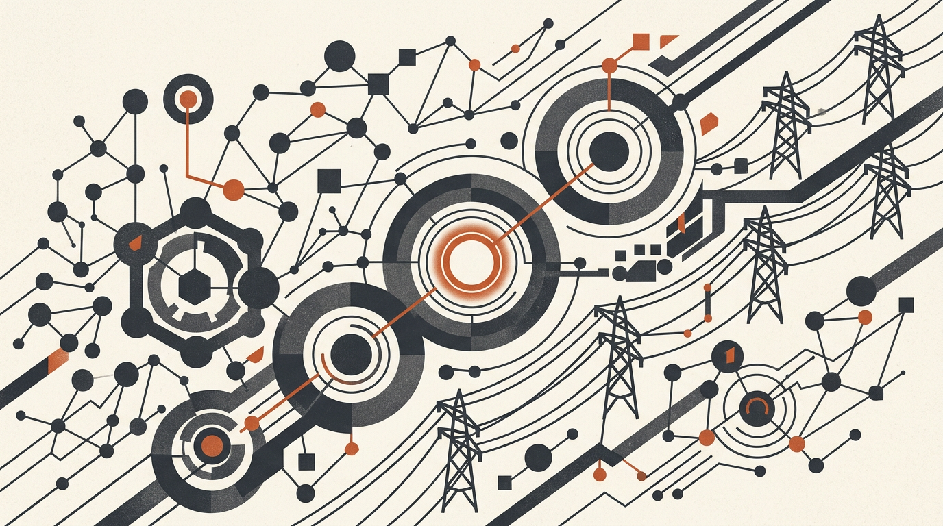 Abstract geometric shapes illustrating interconnected technology trends in hardware, energy, and software