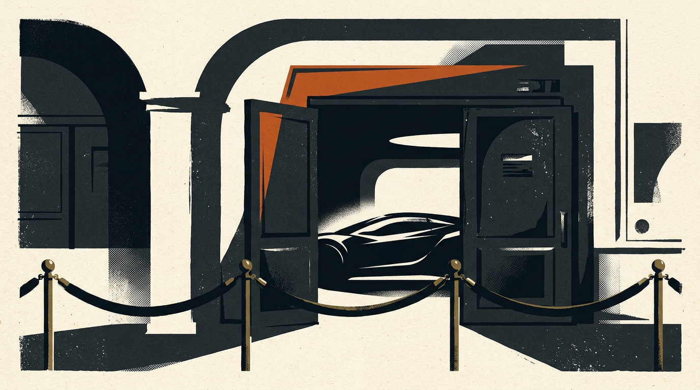 Abstract vector illustration of a vehicle behind closed doors in charcoal and burnt orange