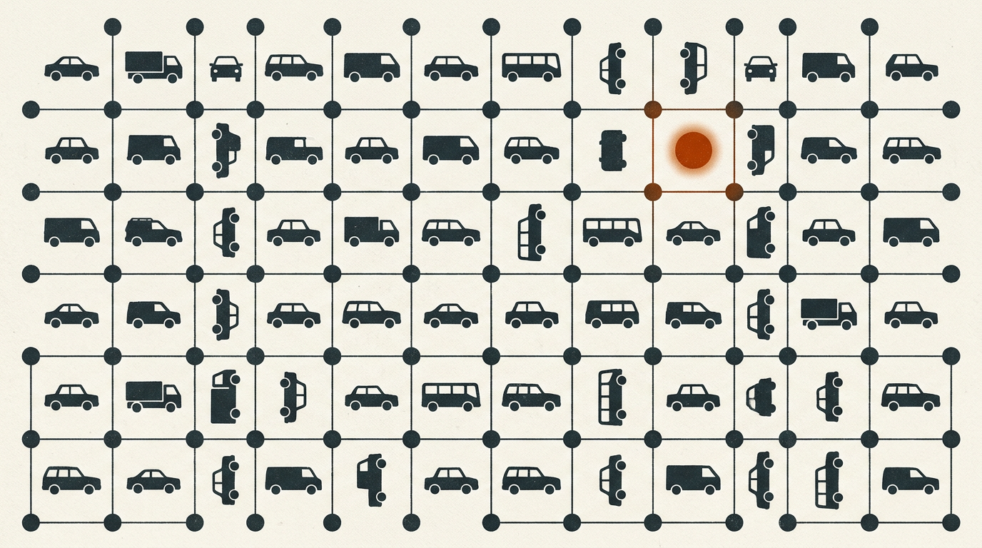 Minimalist graphic of interconnected geometric vehicle icons on a textured background.