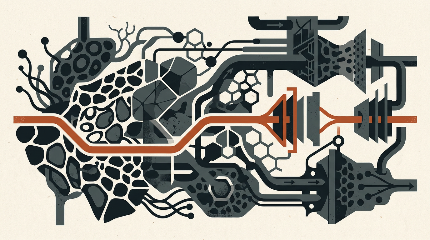 Abstract illustration of geometric biological shapes and filtration lines in charcoal and burnt orange on a warm background.