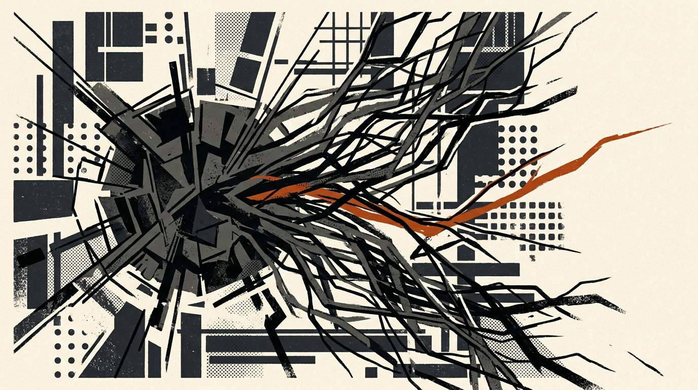 Abstract geometric vector artwork featuring charcoal structures with a burnt-orange line breaking through boundaries on an off-white background.