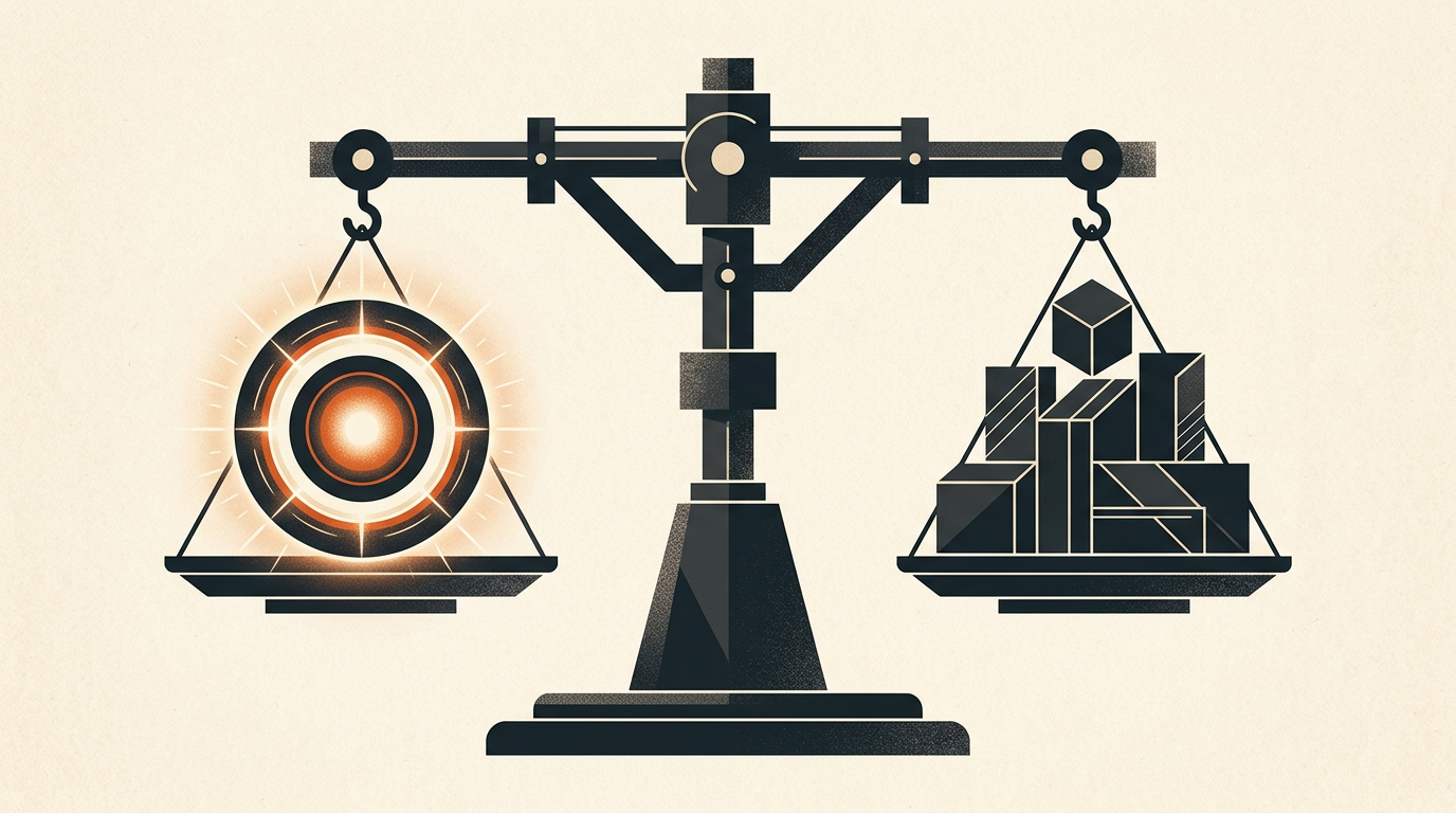 Abstract vector illustration of geometric shapes balancing on a scale in charcoal and burnt orange against a warm off-white background.