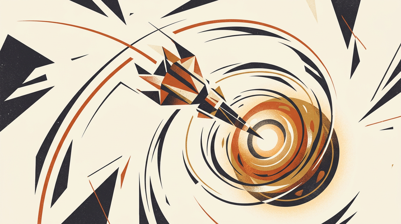 Abstract graphic illustration of a space probe spiraling toward a planet in deep charcoal and burnt orange.