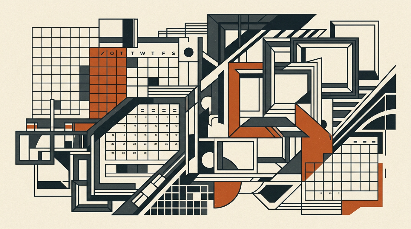Abstract illustration of floating charcoal photo frames and burnt-orange geometric accents on an off-white background.