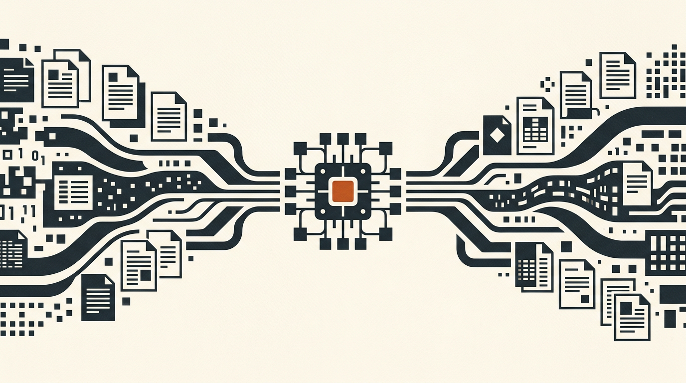 Abstract illustration of digital data blocks and documents flowing into a central shape