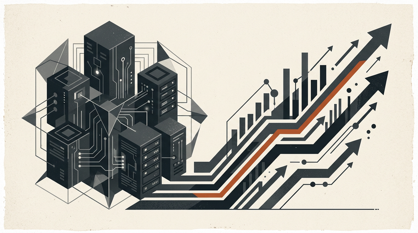 Abstract vector illustration of geometric server blocks and financial growth lines on a warm off-white background.