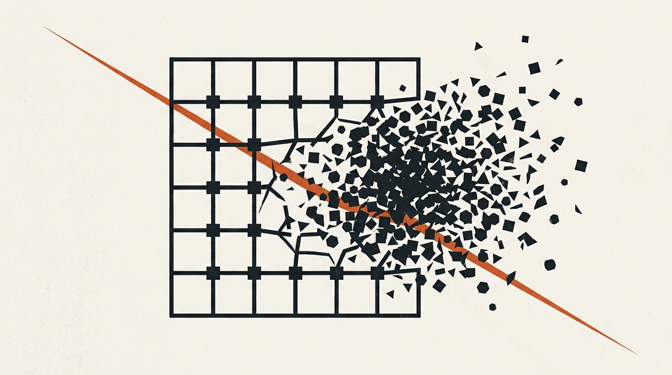 Abstract vector art showing dark geometric shapes breaking through a grid on an off-white background with a burnt-orange line.