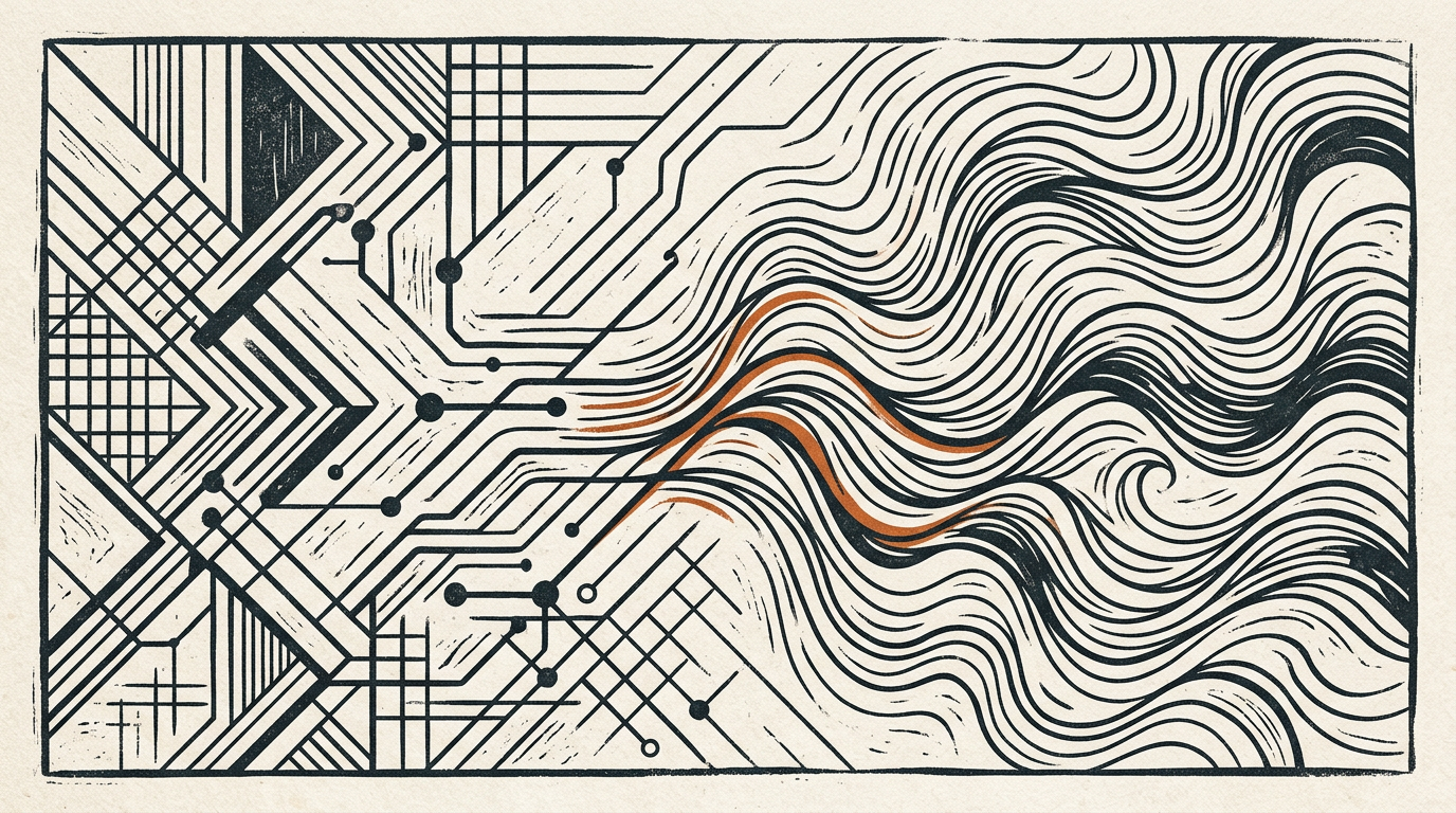 Abstract illustration of geometric circuit lines blending into musical waves in charcoal and burnt orange on off-white.