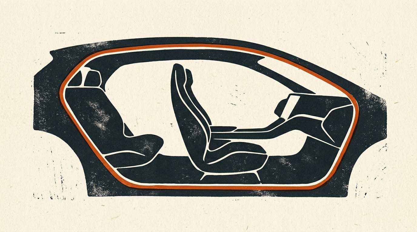 Abstract editorial illustration of a steeringless vehicle interior outline in charcoal and burnt orange.