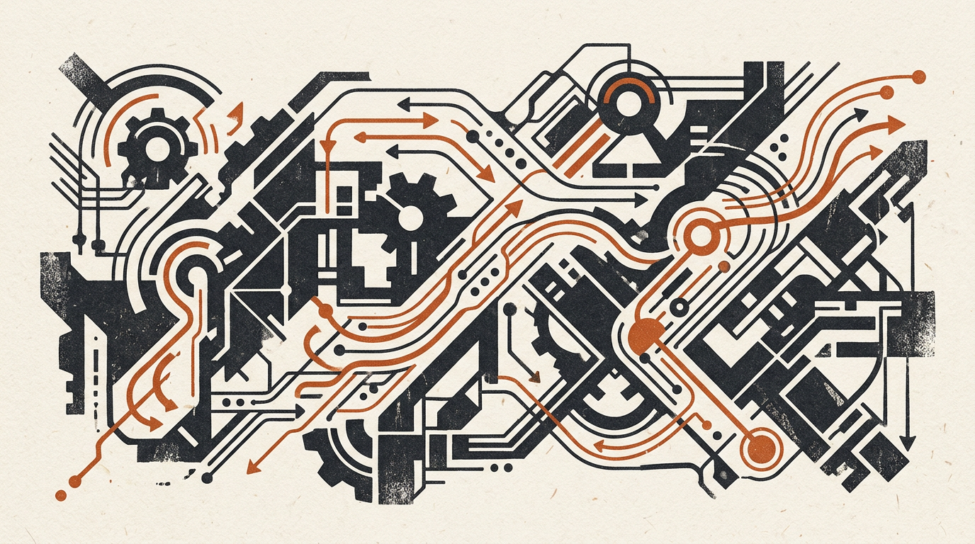 Abstract geometric illustration with charcoal mechanical forms and burnt-orange accents on a cream background.