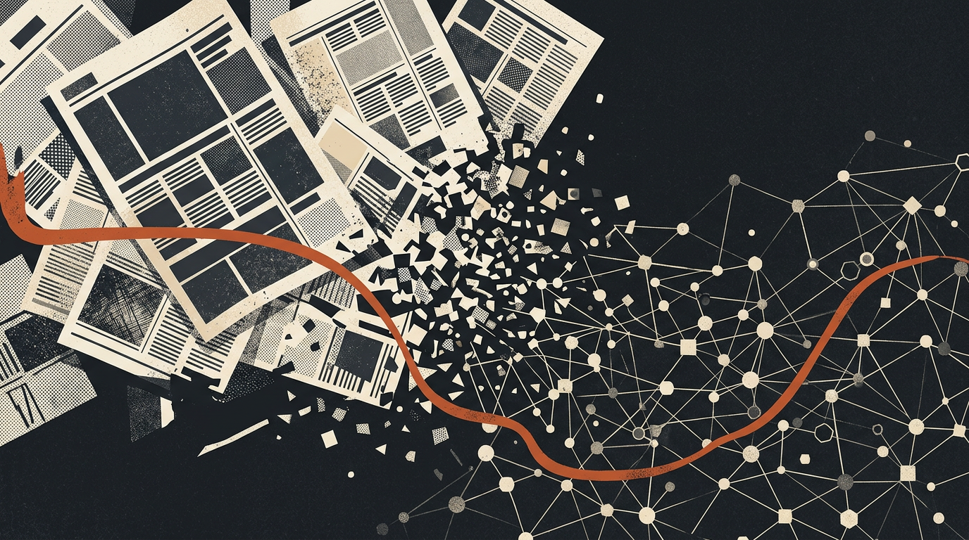 Abstract illustration of newspaper pages merging into digital network lines in charcoal and burnt orange.