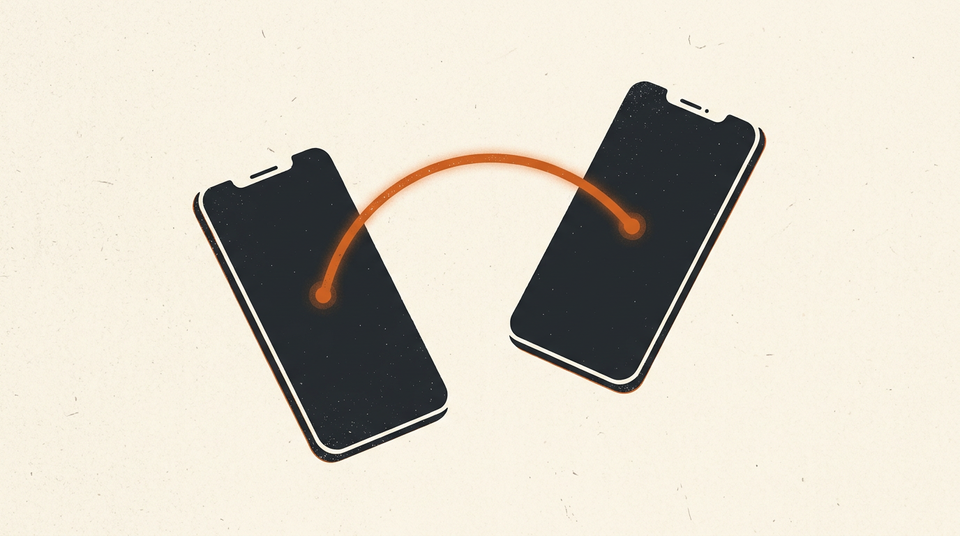 Minimalist vector illustration of two phone outlines connected by a glowing line.