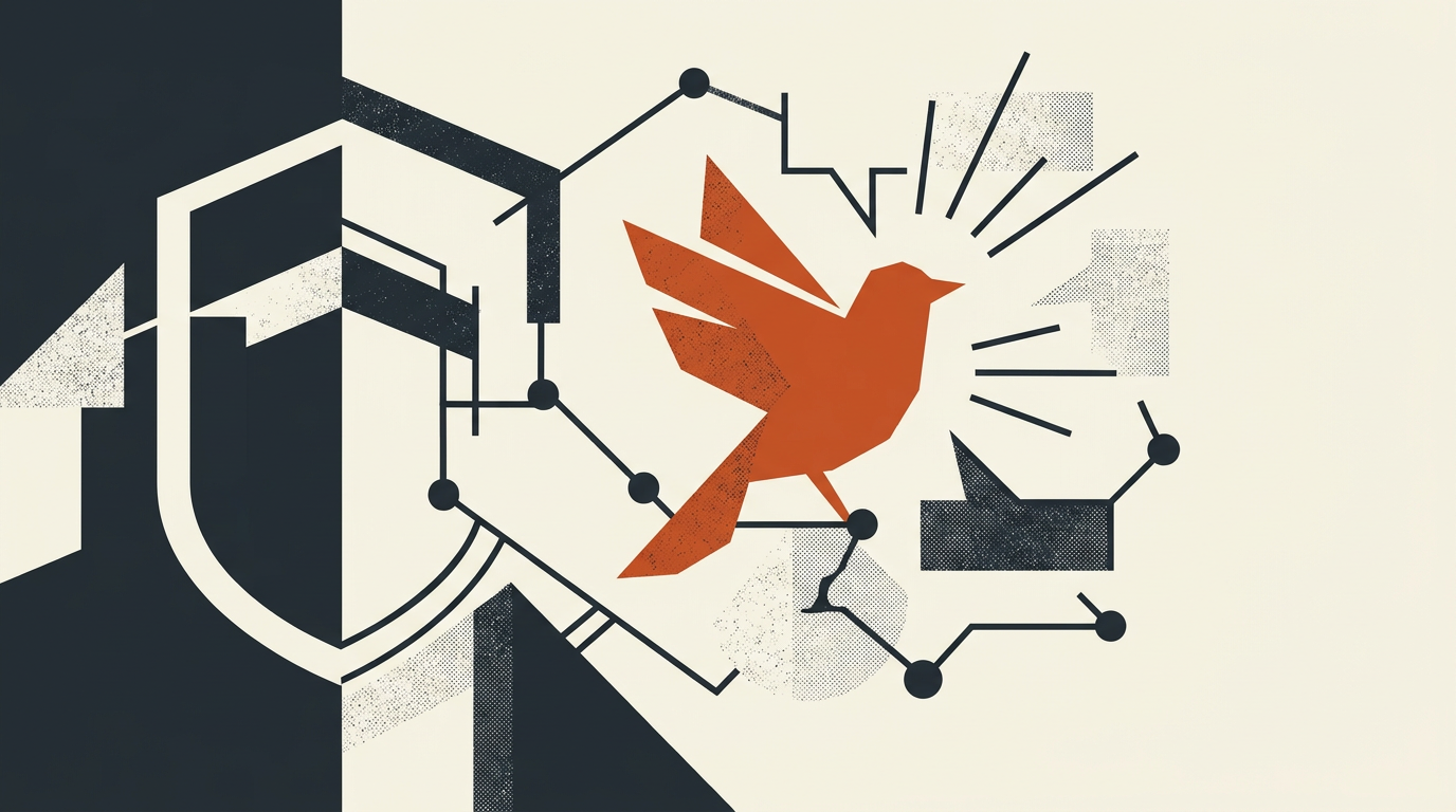 Abstract vector illustration of a stylized bird silhouette and geometric shapes on a warm off-white background.