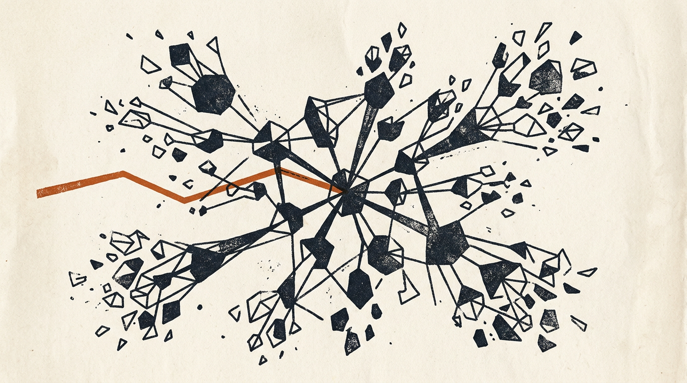 Abstract textured illustration of dark geometric nodes and a burnt-orange line on an off-white background