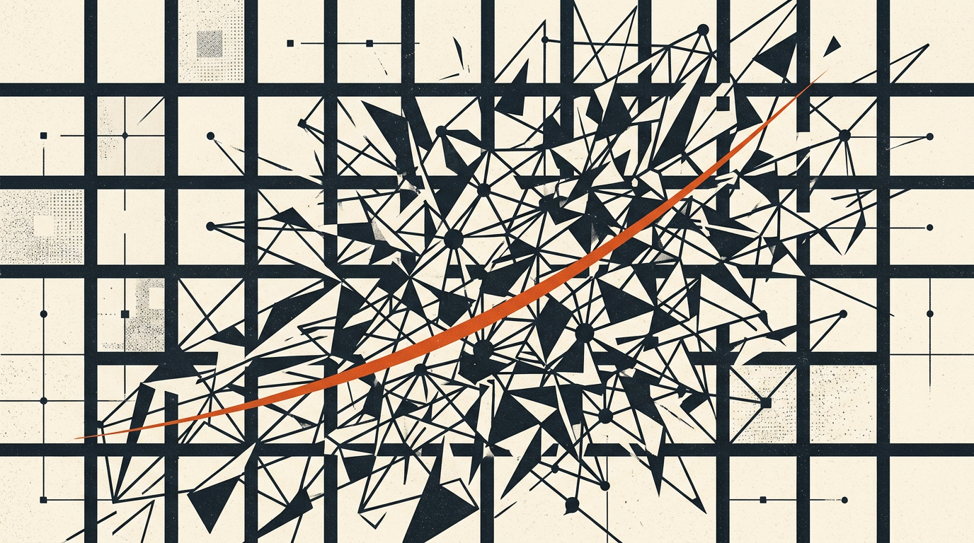 Abstract geometric nodes and network lines showing a system breakdown on a light textured background