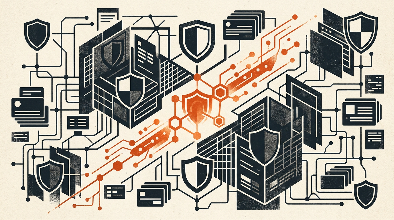 Abstract vector illustration with charcoal shapes and burnt-orange accents representing digital data security.
