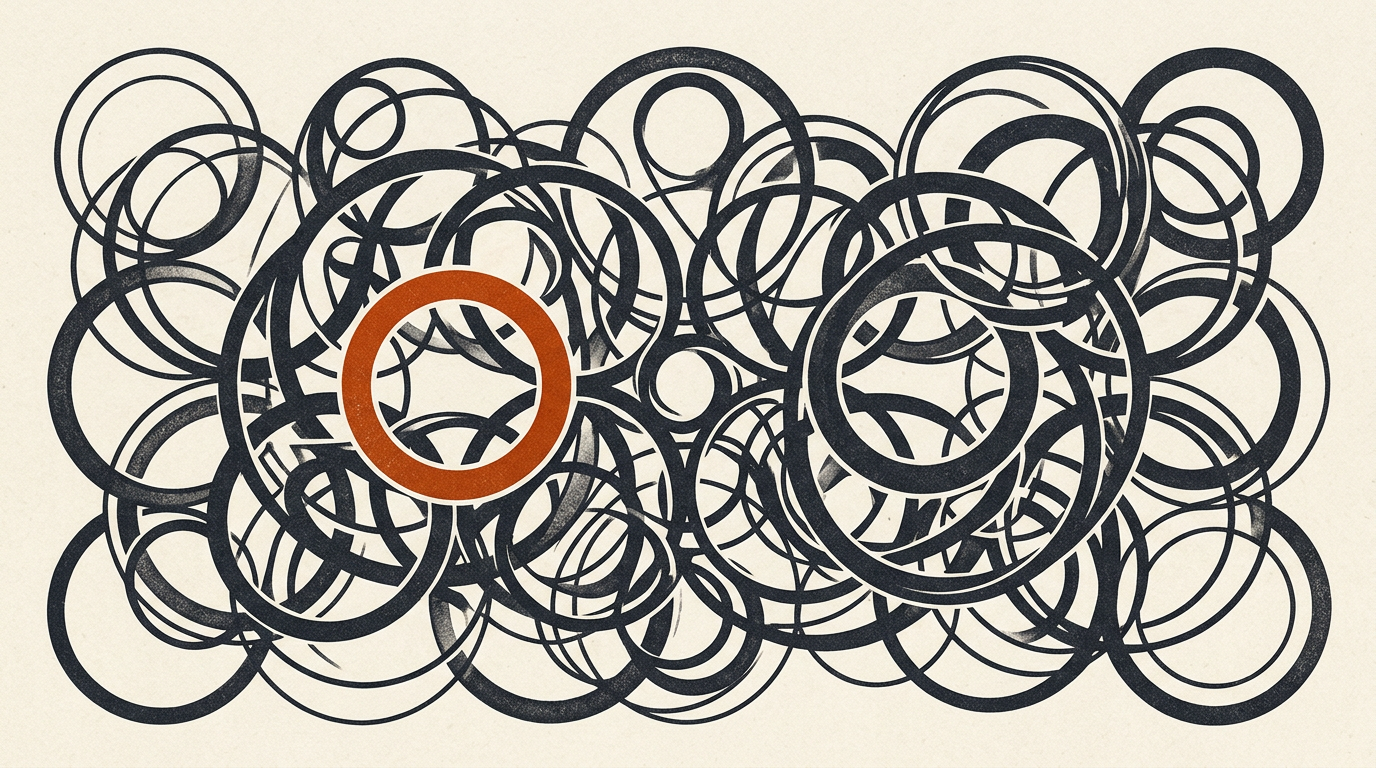 Abstract illustration of metallic rings against a warm background with charcoal and burnt orange accents