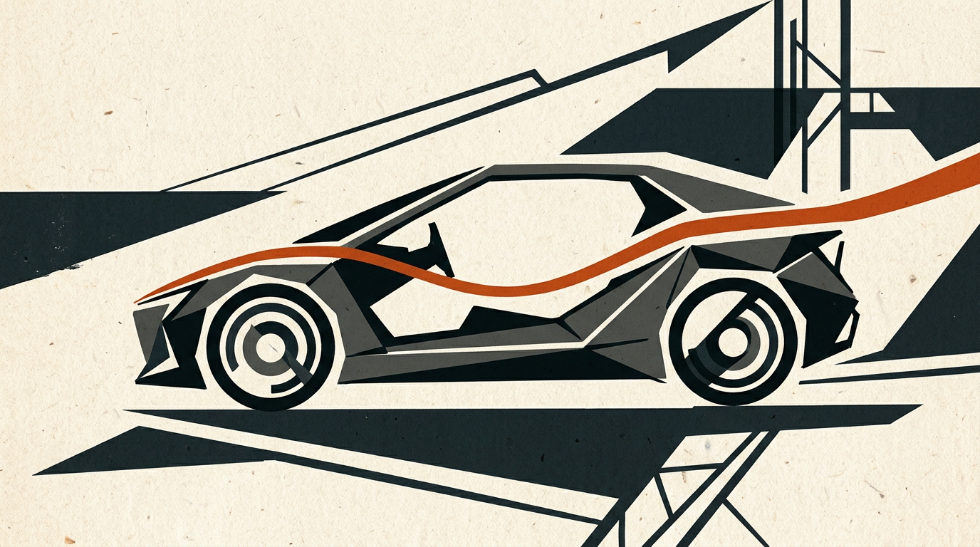 Abstract vector illustration showing a simplified car frame in charcoal and burnt orange over an off-white background.
