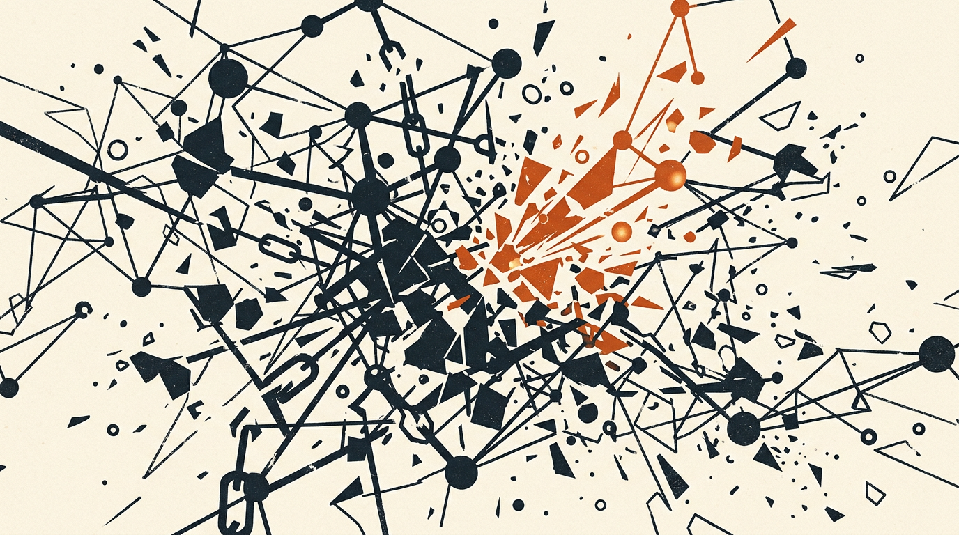 Abstract illustration of a digital network with broken connections in charcoal and burnt orange on an off-white background