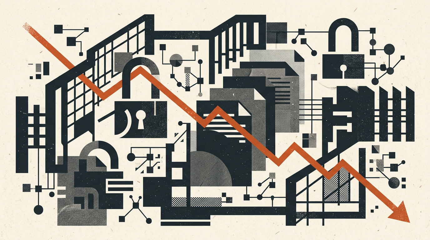 Abstract geometric illustration featuring layered charcoal document shapes and a burnt orange security barrier on a light background.