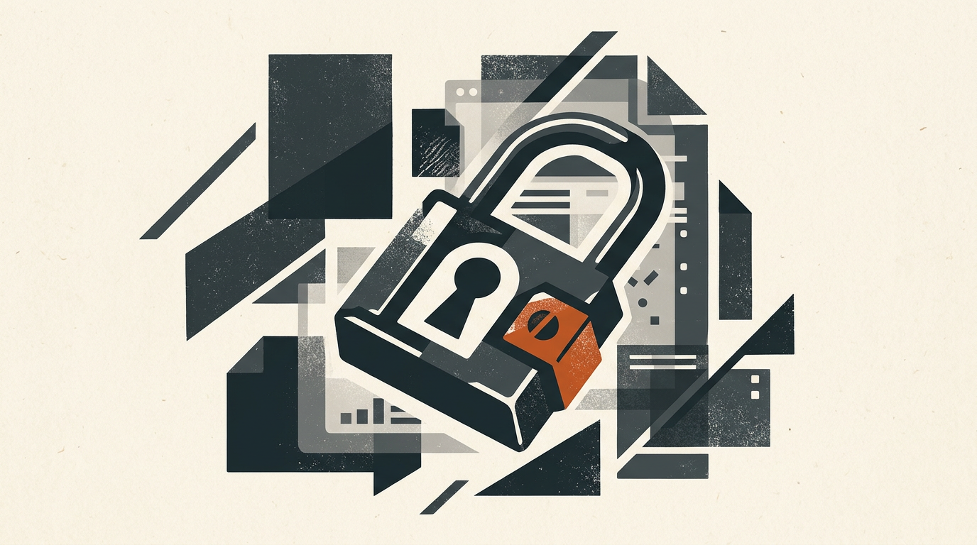 Abstract vector illustration of a lock icon over file system layers in charcoal and burnt orange